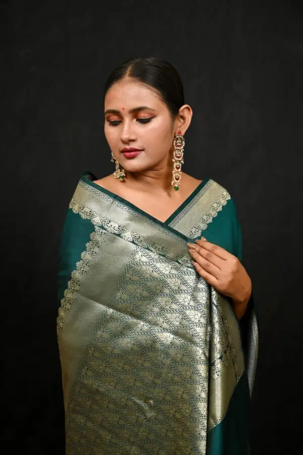 Bottle Green Banarasi Katan Silk Saree - Image 4