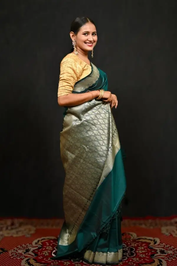 Bottle Green Banarasi Katan Silk Saree - Image 2