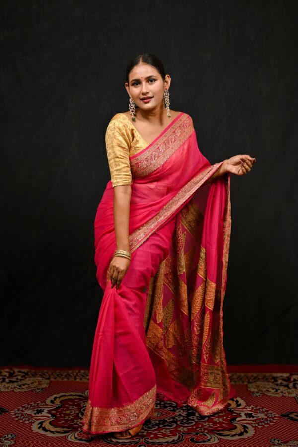 Celebration Pink Pure Chiffon Banarasi Saree - Image 4