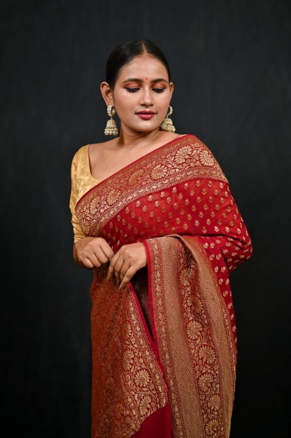 Deep Red Pure Khaddi Banarasi Saree - Image 3