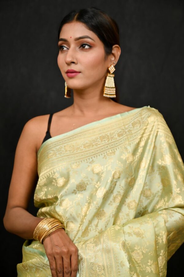 Pista Green Jal Work Mashru Silk Banarasi Saree - Image 4