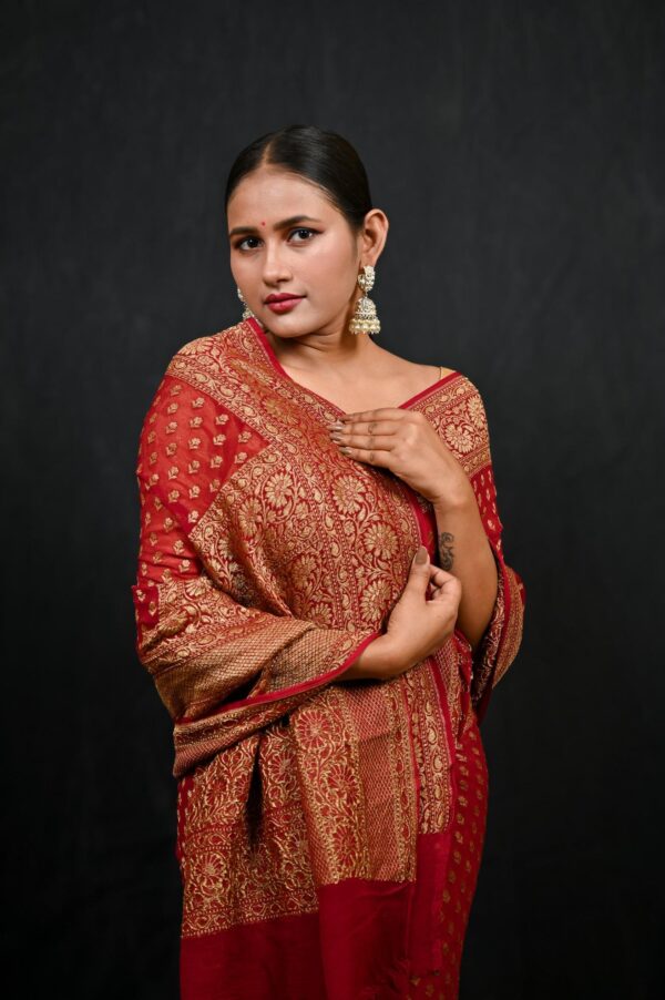 Deep Red Pure Khaddi Banarasi Saree - Image 4